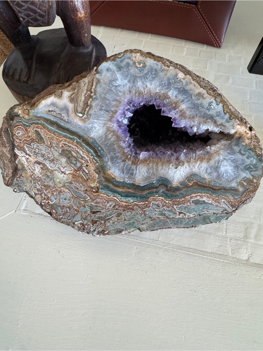 Large Natural Amethyst Geode w Agate Banding- Quartz Crystal Mineral Specimen